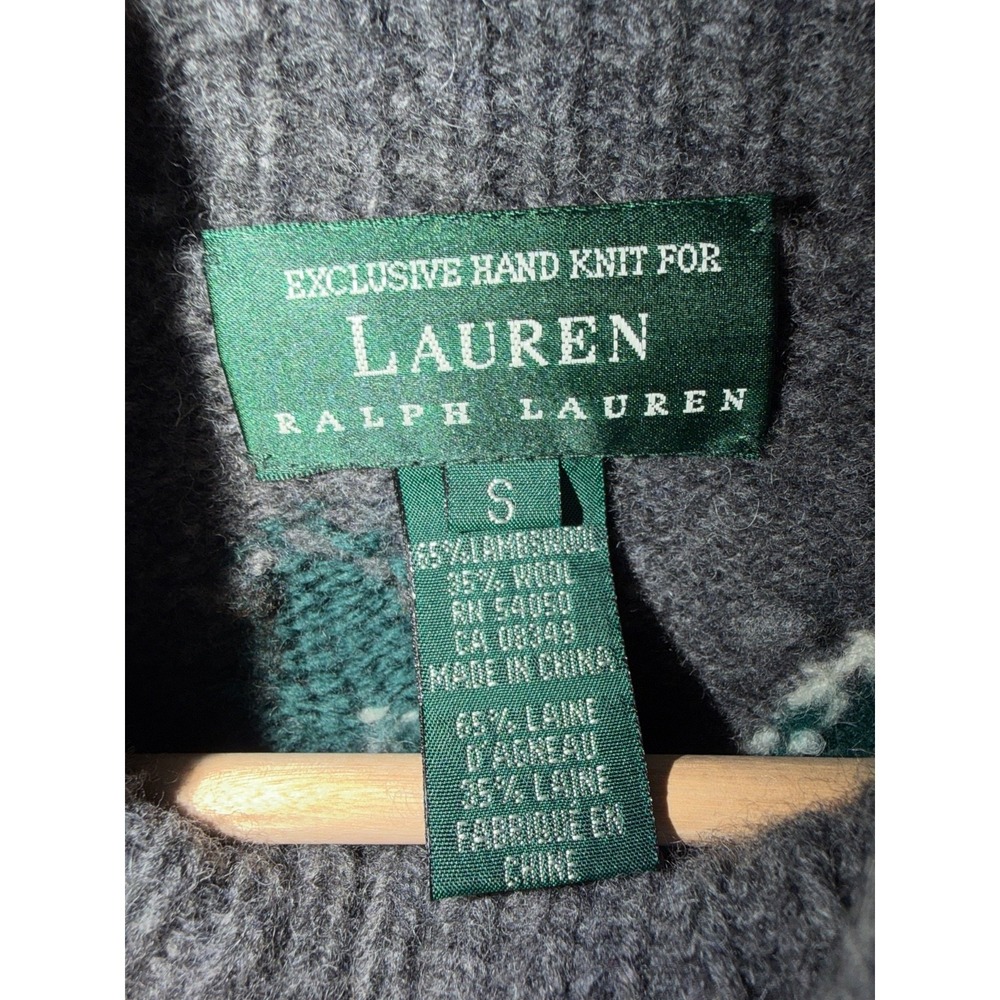 RALPH LAUREN Hand Knit  Wool Ice skating Sweater GRAY RED GREEN 90s SMALL FLAWD - Picture 3 of 6